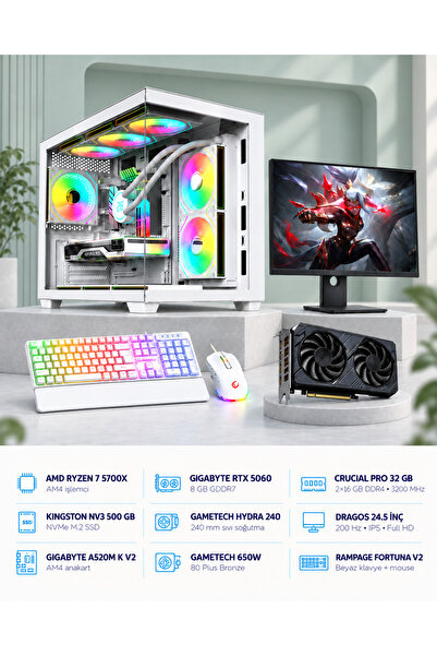Ryzen 7 5700X RTX 5060 8GB 32GB RAM 500GB SSD 240mm Sıvı Soğutmalı 24.5" Monitörlü Klavyeli Gaming PC