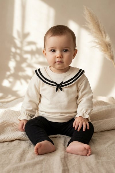 ciciben Nora Marine Sailor Collared Black-Cream Baby Set - Soft Textured Cott...