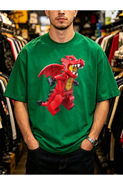 Arabest Men's 100% Cotton T-Shirt Green Lego Dragon Print