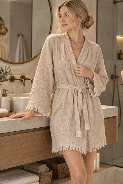 Bedinn Muslin Peshtemal Kimono Bathrobe Short - 100% Cotton, Natural Texture