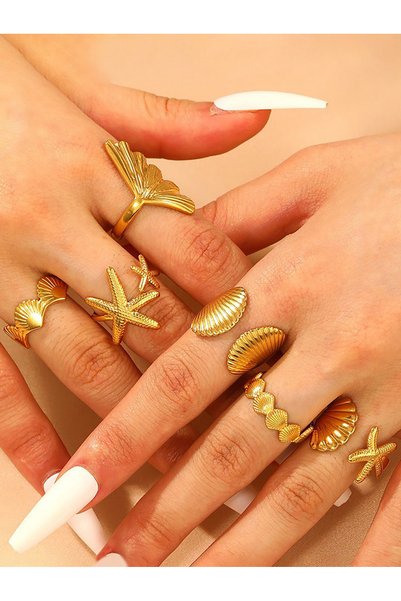 Take Two By Styli طقم خواتم ذهبية بتصميم شاطئي مكون من 6 قطع للنساء.