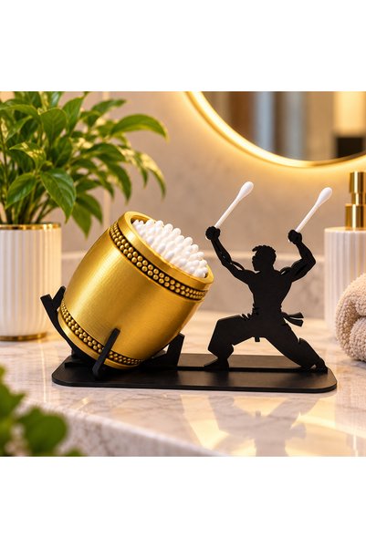 PİYATECH Cotton Swab Holder – Decorative Drum Design Bathroom Organizer - Gold