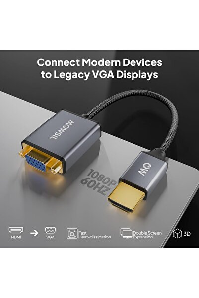 MOWSIL HDMI to VGA Adapter – Full HD 1080p Video Converter, Plug & Play Design, Gold-Plated Connector, Aluminum Alloy Body, Braided Cable, Compatible with PC, Laptop, Projector & Monitor