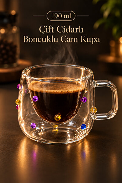 Karçiçeği Home 190 ml Çift Cidarlı Boncuklu Cam Kupa – Renkli Boncuk Detaylı Kahve Bardağı