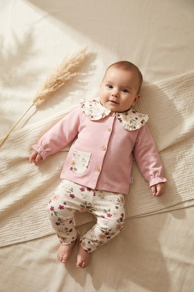 Babydonat Baby Girl Pink Floral Detailed Baby Collar Buttoned Cardigan and Ri...
