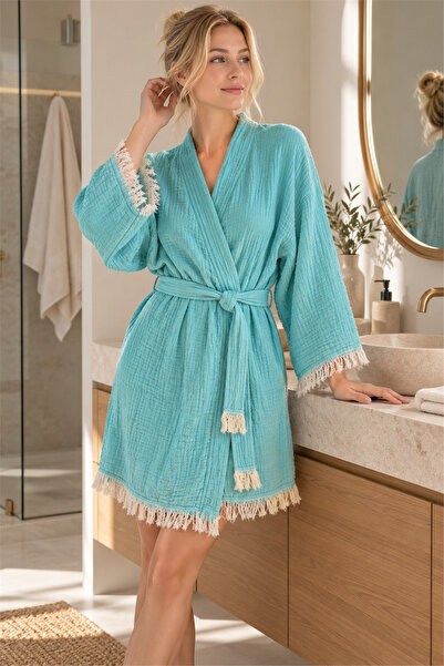 Bedinn Muslin Peshtemal Kimono Bathrobe Short - 100% Cotton, Natural Texture