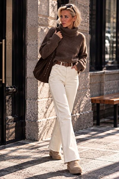 ibeeka Cream Color Belted Jean Denim Trousers