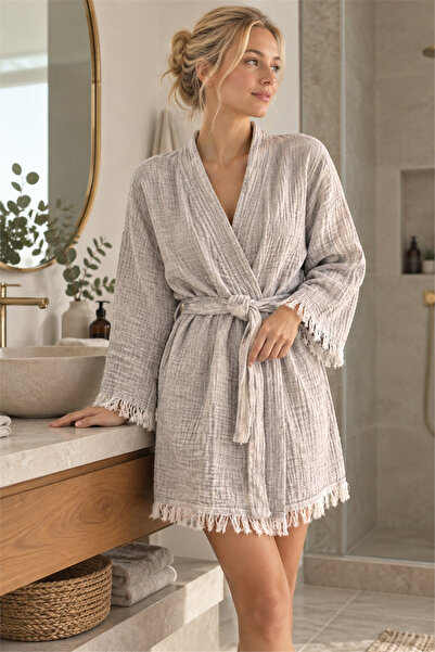 Bedinn Muslin Peshtemal Kimono Bathrobe Short - 100% Cotton, Natural Texture