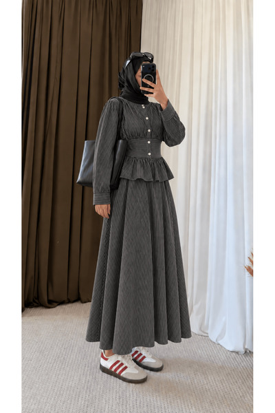 Hepsi Moda Beli Kemer Detaylı Çizgili Etekli Takım - Hpm - Füme