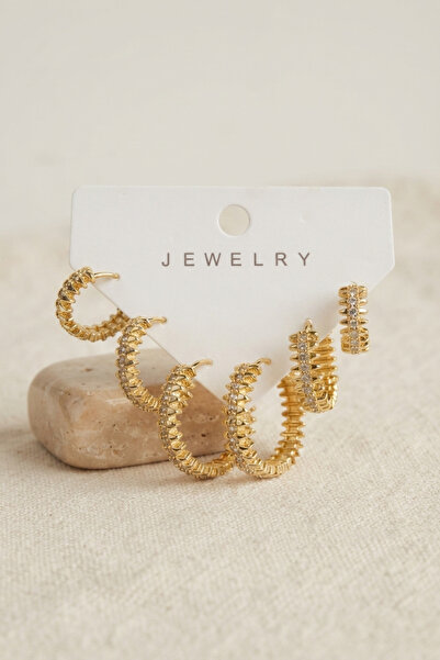 Skygo Gold Color Zircon Stone Brass Hoop Serrated Model Women's Earring Set T...