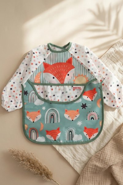 Babydonat Foxie Dream Waterproof Long Sleeve Baby Bib 6-24 Months - Blw Compatible, with Crumb Pocket, Tilki Ve g