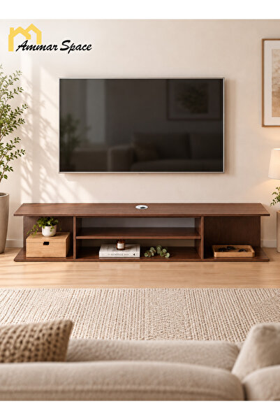 Ammar Space حامل تلفزيون من خشب الجوز، وحدة تلفزيون مع أرفف مفتوحة 120x24x23 ...