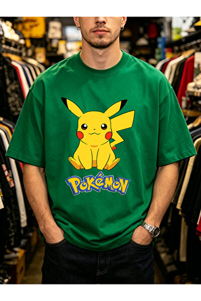 Arabest Men's 100% Cotton T-Shirt Green Pikachu Pokémon Print