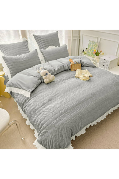 JOJO HOME Lenjerie de pat creponata, 100% bumbac, pat 2 persoane, gri, 6 pies...