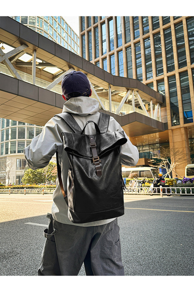 Take Two By Styli Black PU RollTop Backpack