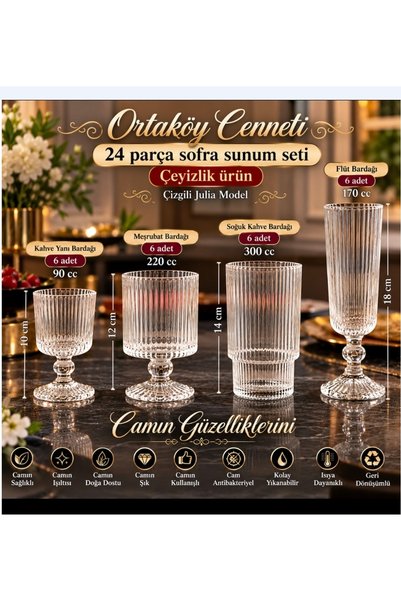 ORTAKÖYCENNETİ 24 Parça Cam Çizgili model julıa çehiz sofra sunum bardakları ...