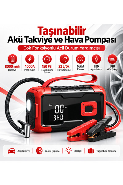 Taşınabilir Akü Takviye Cihazı 1000A 8000 mAh 150 PSI dijital hava kompresör Ekranlı LED Işıklı Lastik Şişirme Powerbank