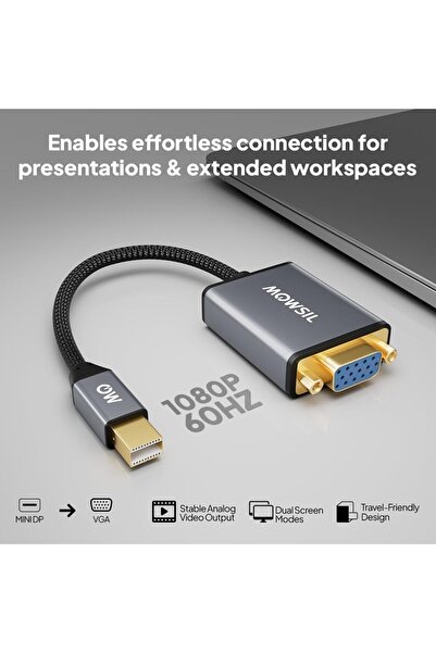MOWSIL Mini DisplayPort (Mini DP) to VGA Adapter – Full HD 1080p@60Hz Active Converter, Gold-Plated Connector, Aluminum Alloy Shell, Plug & Play Design Compatible with MacBook, iMac & Laptop