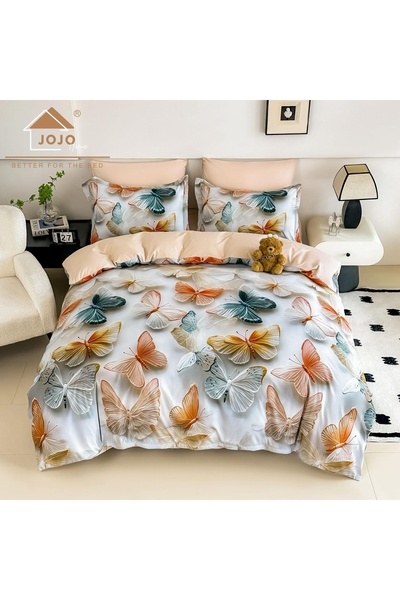 JOJO HOME Lenjerie de Pat 5D Finet Crem „Fluturi Multicolori” | 4 Piese | Imp...