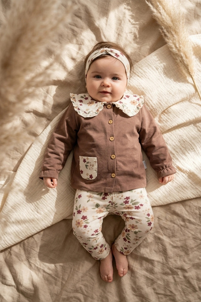 Babydonat Baby Girl Coffee Color Floral Detailed Baby Collar Buttoned Cardiga...