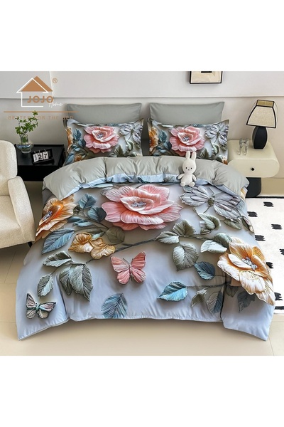JOJO HOME Lenjerie de pat din finet 4 piese 🌸 Gri & Roz | Imprimeu digital 5...