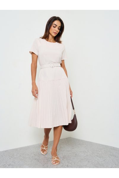 Take Two By Styli Beige A-Line Midi Dress with Short Sleeves