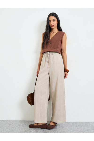 Take Two By Styli Khaki Wide-Leg Trousers with Drawstring Waist