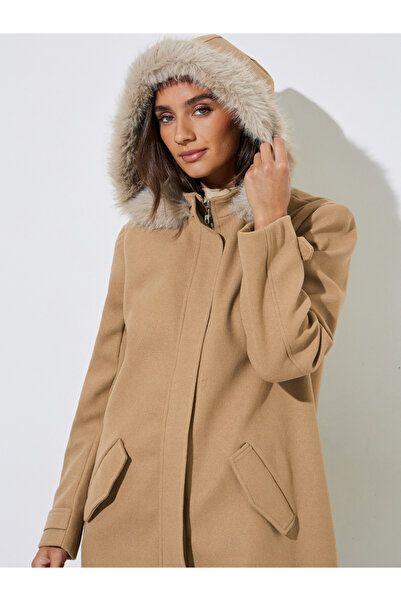 Styli Brown Longline Wool Like Coat with Faux Fur Trim