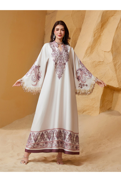 Take Two By Styli Light Pink Maxi Jalabiya with Intricate Rhinestone and Prin...