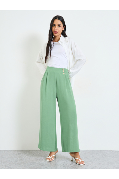 Take Two By Styli Sage Green Pleated Wide-Leg Trousers