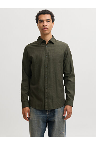 Jack & Jones Olive Green JJEFIELD Plain Spread Collar Shirt