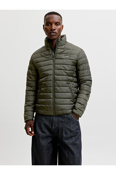 Jack & Jones Olive JJELVIS Logo Patchwork Zip-Up Puffer Jacket