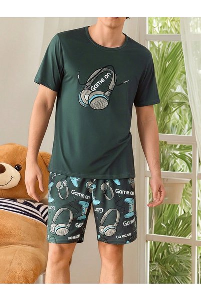 Take Two By Styli Green Graphic Print T-Shirt and Shorts Pyjama Set