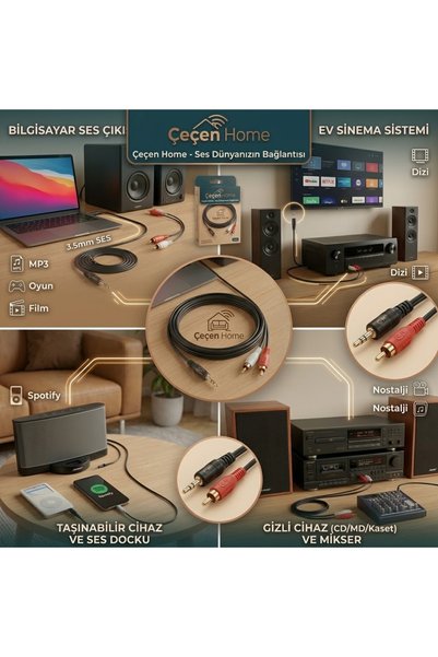 ÇEÇEN HOME 1Pc 3.5mm Jack to 2 Rca Audio Transfer Cable Computer Phone Amplif...