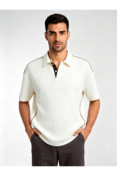Take Two By Styli Beige Knitted Polo T-Shirt with Textured Jacquard