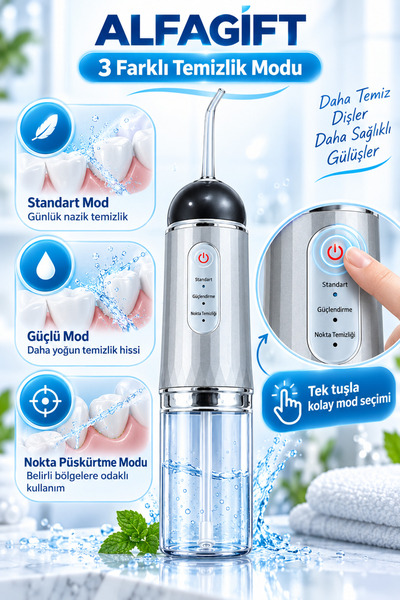 ALFAGİFT USB Şarjlı Taşınabilir Ağız Duşu 200 ml 3 Mod 4 Başlıklı Kablosuz Diş Arası Temizleme Cihazı