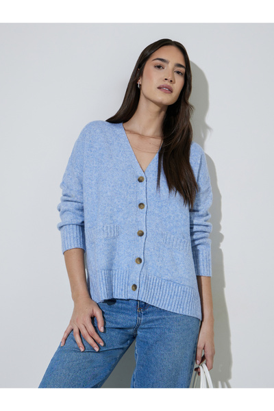 Styli Blue Solid Pocket Detail V-Neck Cardigan