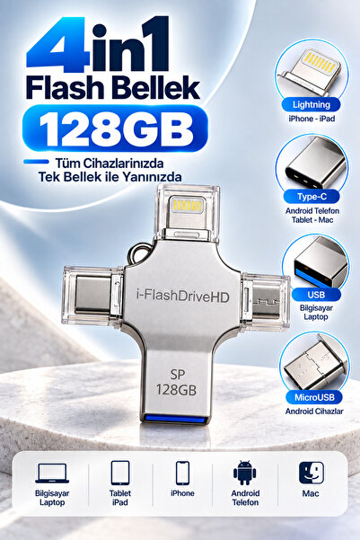 ilyas kayhan 128GB 4in1 Flash Bellek USB-A Type-C Lightning MicroUSB Telefon Tablet Bilgisayar Uyumlu
