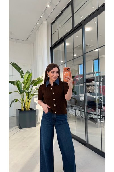 elifteke Denim Yakalı Triko Kahverengi