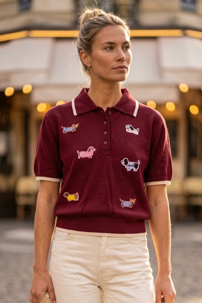 Chiccy Burgundy Polo Collar Short Sleeve Half Placket Buttoned Dog Appliqué C...