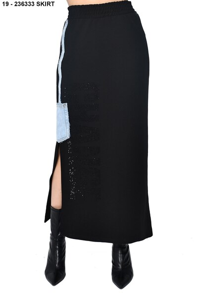 DQMANE Denim Detailed Slit Skirt with Stone Design