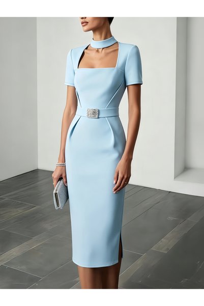 Take Two By Styli Blue Midi Sheath Dress with Choker Neck and Embellished Belt