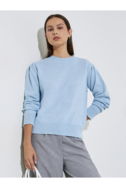 Styli Light Blue Solid Puff Sleeve Knit Top