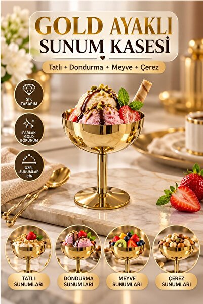 Kitchen Beauty Gold Ayaklı Sunum Kasesi - Şık Tatlı Dondurma Ve Meyve Kasesi Paslanmaz Çelik