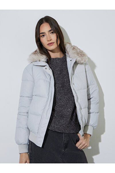 Styli Grey Padded Jacket with Faux Fur Collar