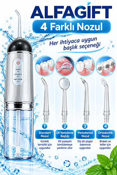 ALFAGİFT USB Şarjlı Taşınabilir Ağız Duşu 200 ml 3 Mod 4 Başlıklı Kablosuz Diş Arası Temizleme Cihazı