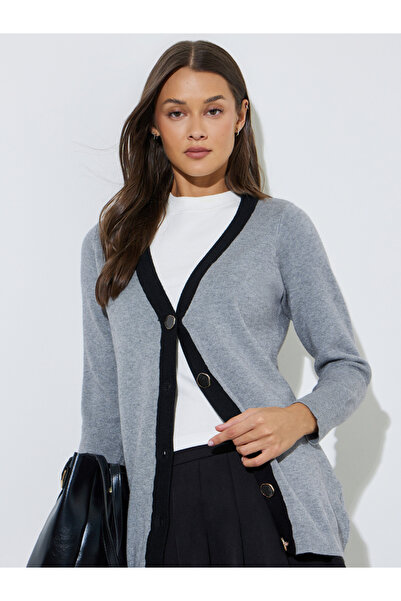 Styli Grey Longline Contrast Trim Button-Up Cardigan