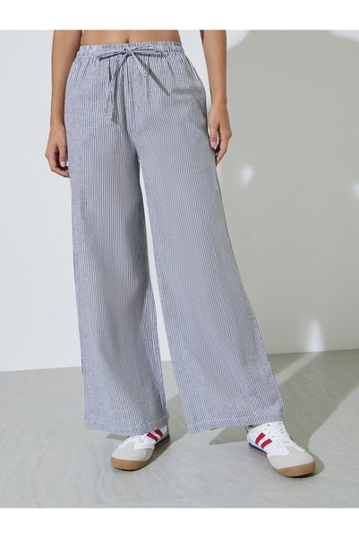 Styli Charcoal Striped Wide-Leg Drawstring Pants