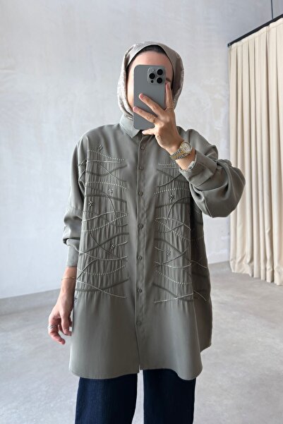Ka Hijab Geometrik İşleme Oversize Gömlek - Haki