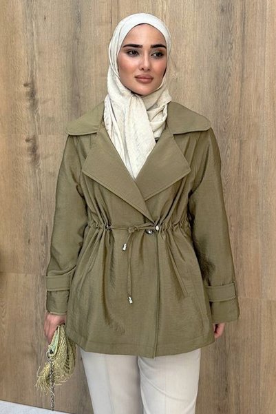 InStyle Büzgü Bağcıklı Astarlı Haki Kısa Trençkot